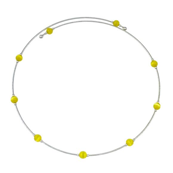 Sterling Silver Memory Wire Yellow Simulated Cat's Eye Bead Choker Necklace 16" - Picture 1 of 3